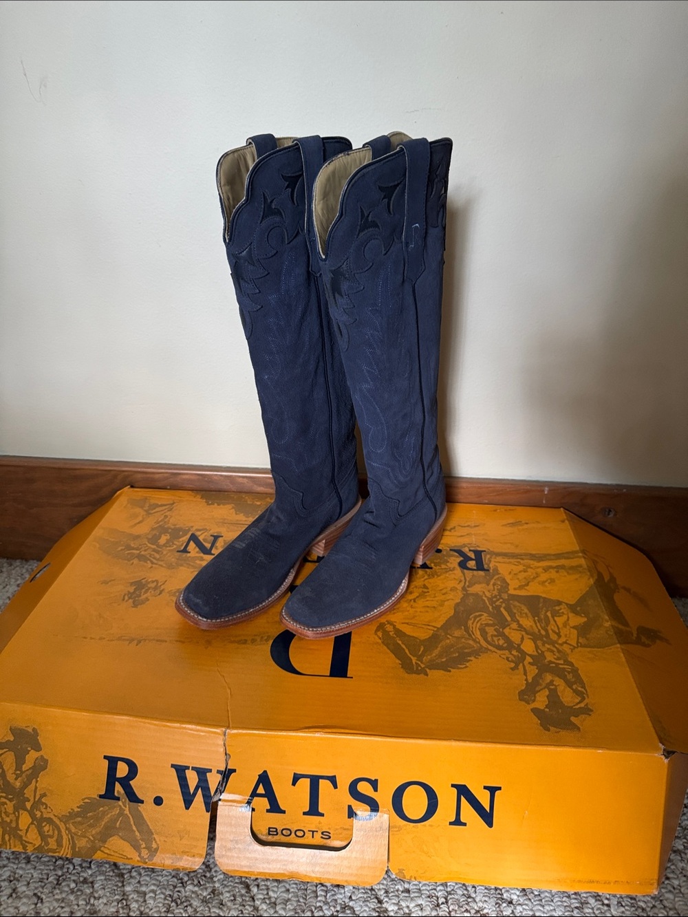 R. Watson Navy Suede Knee High Boots